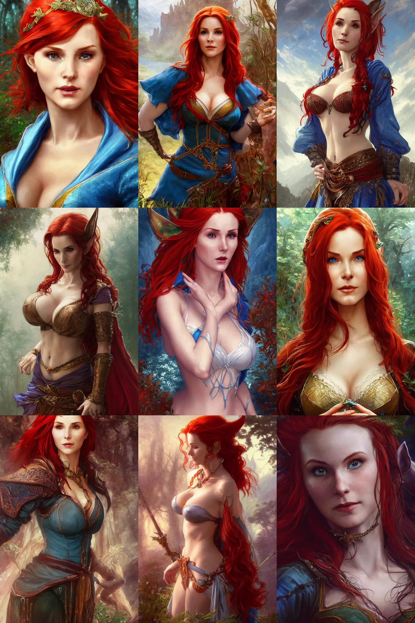 Prompt: alluring highly detailed closeup matte painting portrait of beautiful elf ( triss from witcher 3 ) flowing red hair wearing chesty fantasy outfit and a blue cloak, very detailed, realistic, manga, by stanley artgerm lau, greg rutkowski, thomas kindkade, alphonse mucha, loish, norman rockwell j.