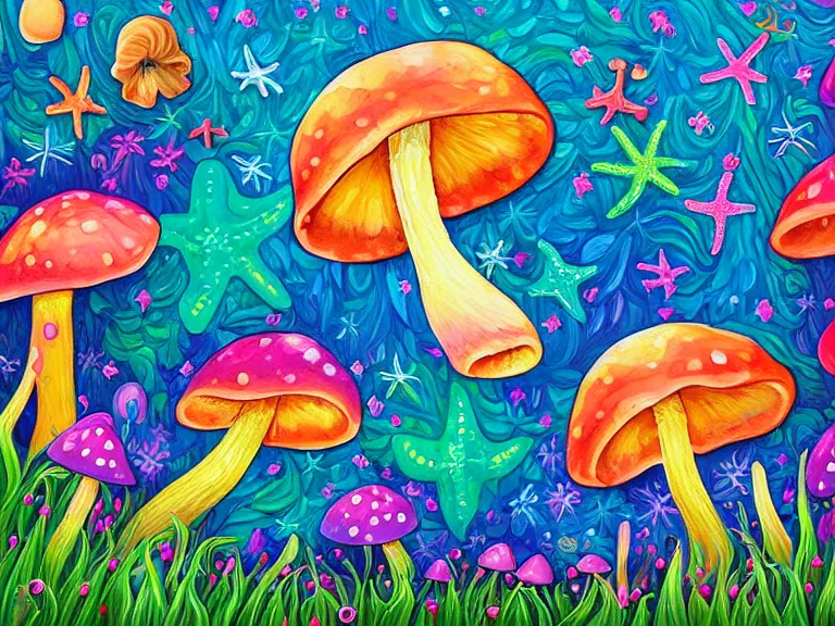 Image similar to digital painting detailed beach and shoreline starfish magical forest flowers mushrooms painted by jeremiah ketner