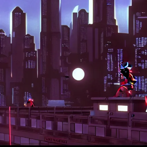 Image similar to a screenshot from episode of the show'batmanbeyond'( 1 9 9 9 - 2 0 0 1 ) produced by alan burnett, paul dini, glen murakami, and bruce timm. film grain. matte painting. masterpiece. cel shading. dark color scheme. cyberpunk theme.