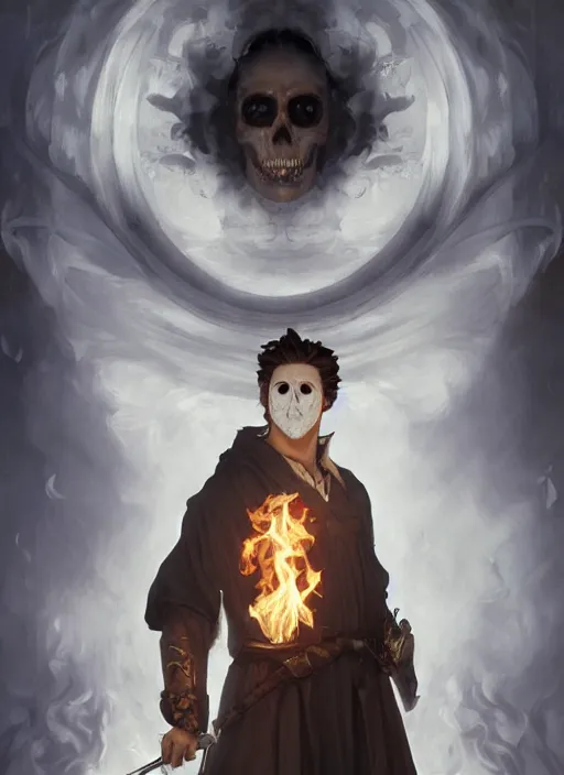 Prompt: character concept portrait of an attractive young angry Spanish wizard with pale white skin and wearing parital skull mask while enchanting a flaming seduction spell, a floating burning spell book in the center, intricate, elegant, digital painting, concept art, smooth, sharp focus, illustration, from Metal Gear, by Ruan Jia and Mandy Jurgens and William-Adolphe Bouguereau, Artgerm