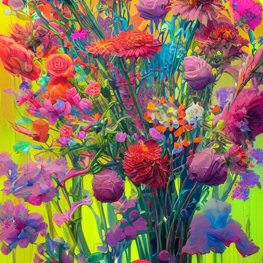 Image similar to a bouquet of colorful flowers, flowers with very long petals,afternoon sunlight, hard light and long shadows, neon glowing, vivid, detailed painting, by James Jean and Ross Tran, masterpiece, award winning painting