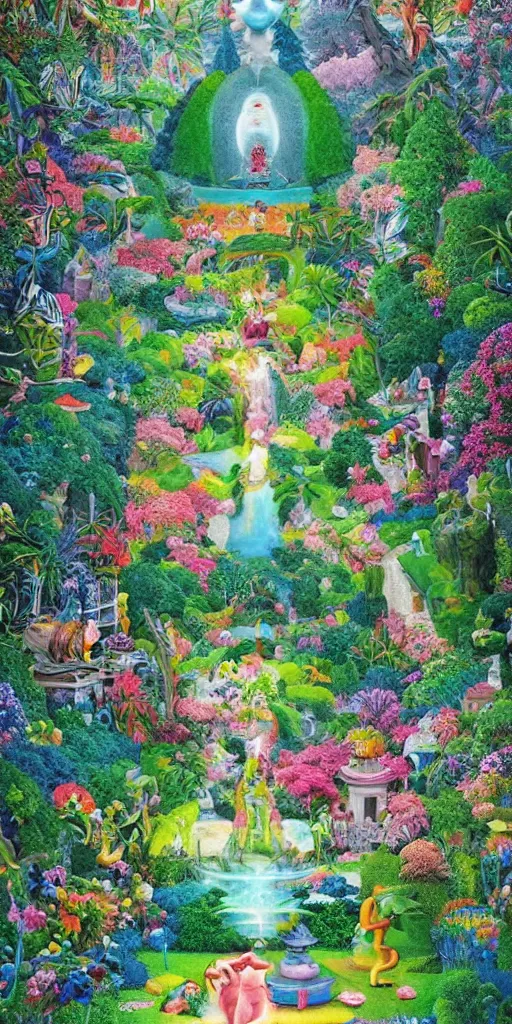 Prompt: bosch and beeple!!!!!!! ( ( ( ( ( ( ( and lisa frank ) ) ) ) ) ) ) painting of a magnificent garden filled with remarkable sculptures, trees, and structures, incredible details