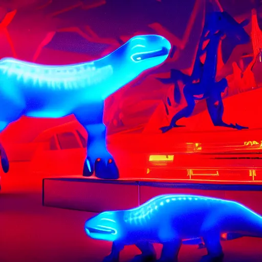 Image similar to electric blue scaled glowing baby dinosaurs in tron movie, cinestill