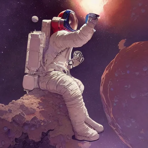 Image similar to an astronaut fleeing the moon by artgerm, greg rutkowski, alphonse mucha