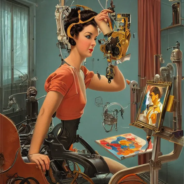 Prompt: robot artist painting a self - portrait on a canvas. intricate, highly detailed, digital matte painting in the style of gil elvgren and in the style of sachin teng and in the style of h. r. giger. irony, recursion, inspiration.