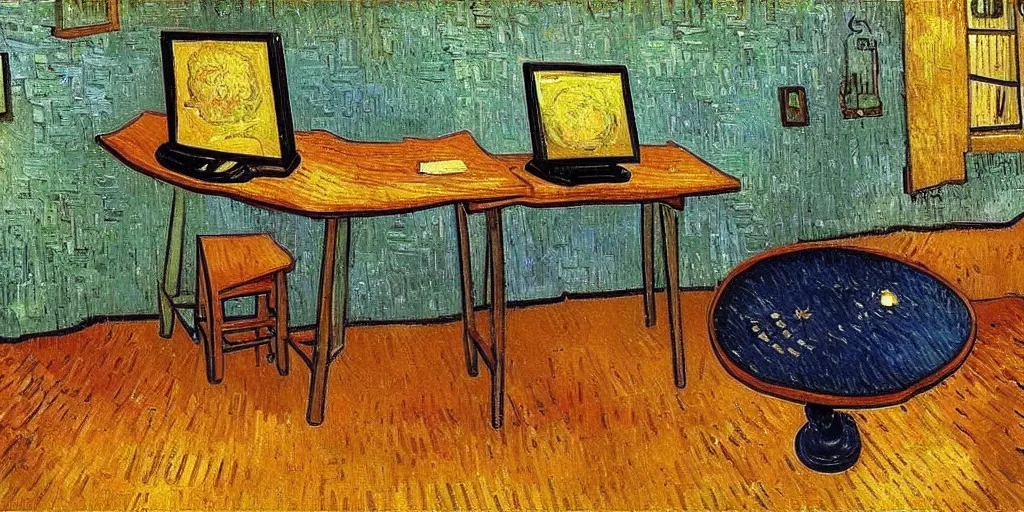 Image similar to An oil painting of a table with a computer on it, by Van Gogh