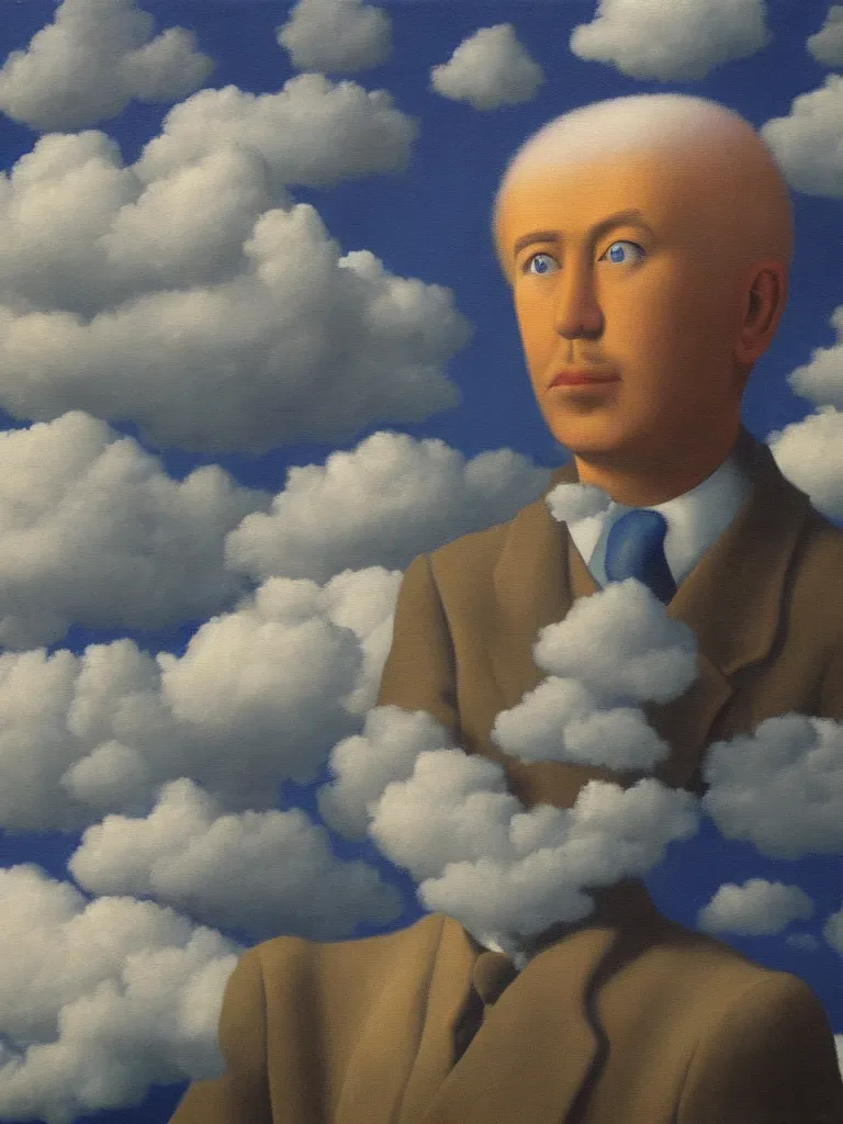 Image similar to portrait of a cloud man by rene magritte, detailed painting, hd, hq, high resolution, high detail, 4 k, 8 k