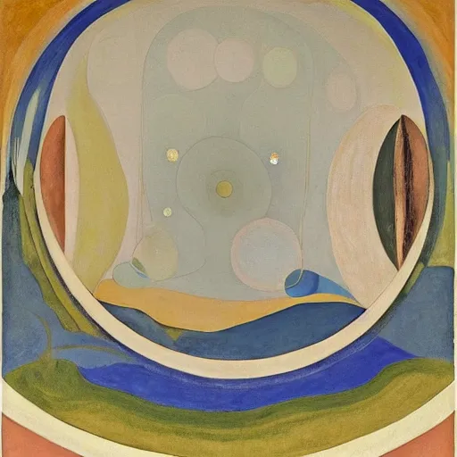 Image similar to doom by hilma af klint sepia. a mixed mediart of a landscape. it is a stylized & colorful view of an idyllic, dreamlike world with rolling hills, peaceful animals, & a flowing river. the scene looks like it could be from another planet, or perhaps a fairy tale.