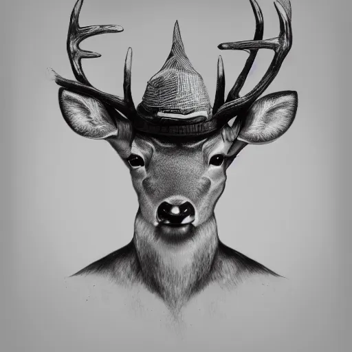 Image similar to a upper body portrait of a deer lord with monocle and top hat, intricate detail, digital art, trending on artstation