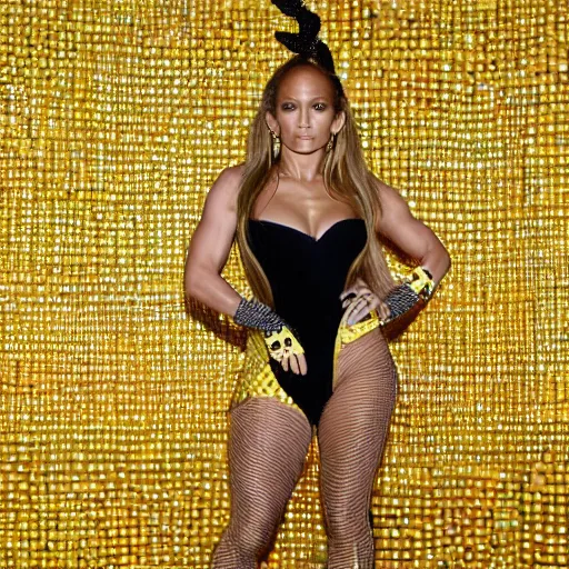 Prompt: full body photo of jennifer lopez, she is wearing a costume of corn on a cob