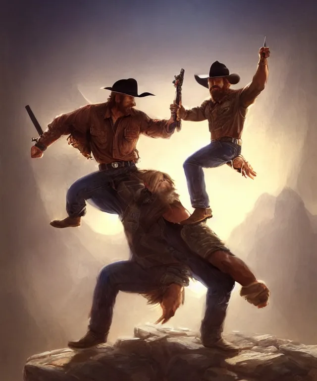 Prompt: chuck norris, cinematic, wearing a cowboy hat, kicking a ninja, elegant, highly detailed, digital painting, artstation, smooth, hard focus, illustration, art by jessica rossier and and brian froud