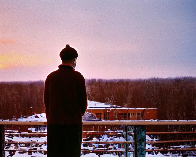 Image similar to award - winning lomographic tarkovsky film still of 4 0 years russian man with beard and sweater standing on small hrushevka 9 th floor balcony in taiga looking at sunset, kodak ektar, bokeh