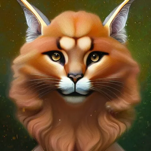 Image similar to laurel wreath on a top of a head of cute fluffy caracal, photography of kurzgesagt, deep focus, d & d, fantasy, intricate, elegant, highly detailed, digital painting, artstation, concept art, matte, sharp focus, illustration, hearthstone, art by artgerm and greg rutkowski and alphonse mucha