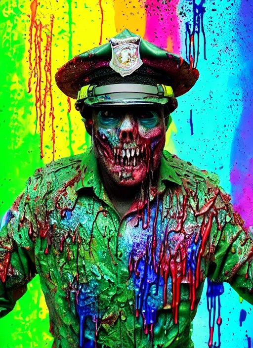 Prompt: beautiful 3 5 mm photograph of a slimy rotting zombie cop covered in colorful wet goop, dripping with colorful liquid, policeman, cop, biocop, intricate details, dark ambient, service cap, atmospheric, movie poster, poster, horror, elegant, super highly detailed, professional digital photo, artstation, concept art, 8 k