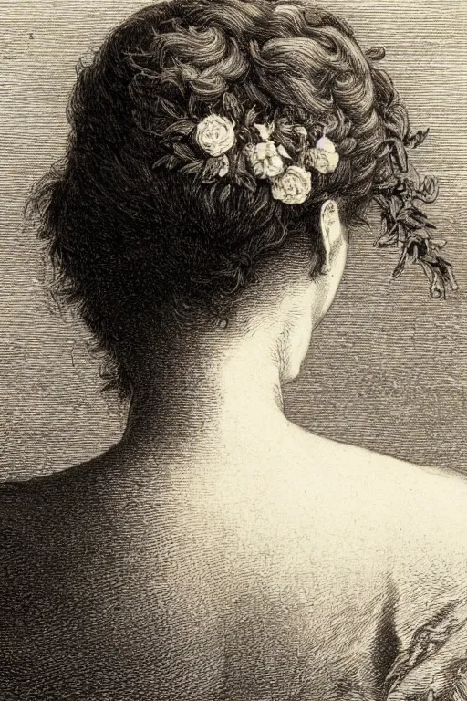 Image similar to extreme close-up, portrait of a beautiful french woman from behind with flower in the head, Gustave Dore lithography