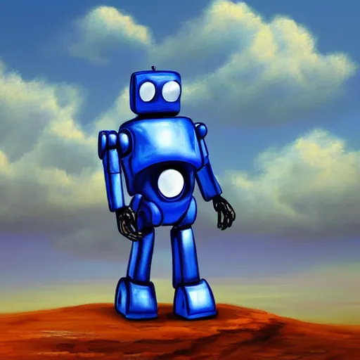 Prompt: a blue robot stands alone on a dead earth, photo realistic painting, digital art 8K
