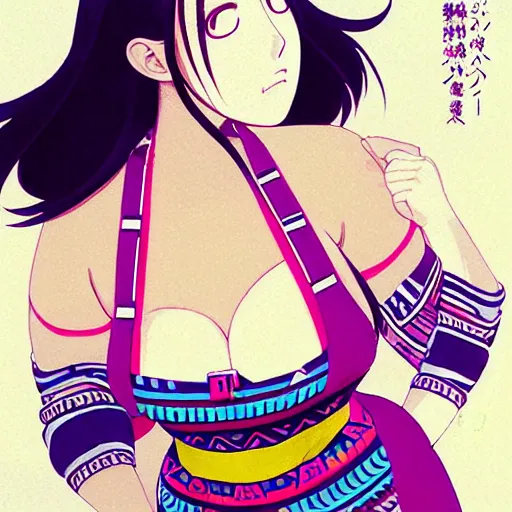 Prompt: a beautiful plus sized model japanese natalie portman, alluring plus sized model, wearing mayan leotard with elegant mayan apron overalls, street fashion hip hop style with mayan patterns, aztec street fashion, gapmoe yandere grimdark, trending on pixiv fanbox, painted by greg rutkowski makoto shinkai takashi takeuchi studio ghibli, akihiko yoshida