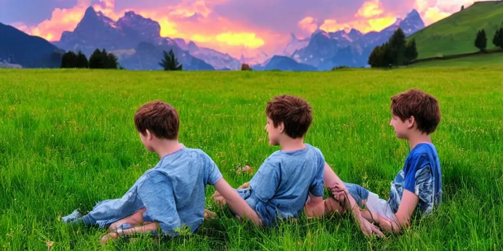 Prompt: A boy and a girl sitting on a beautiful grass field in switzerland, admirring thr beauty as the sunsets with beautiful cinematic lightning, stunning beauty