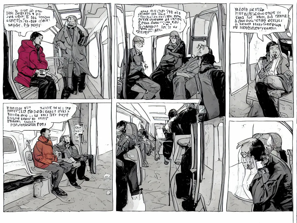 Prompt: a single comic panel by Geoff Darrow, 3/4 low angle view wide shot of two people sitting in an empty Chicago subway train, in front of windows: a sad Aubrey Plaza in a parka and a friendly Mads Mikkelsen in a suit