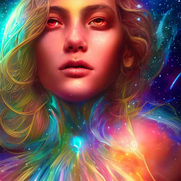 Image similar to highly detailed close up portrait of a celestial girl with a body made of cosmic energy, space background, character art, studio lightning, bright colors, intricate, masterpiece, photorealistic, hiperrealistic, sharp focus, high contrast, Artstation HQ, DeviantArt trending, 4k UHD, Unreal Engine 5