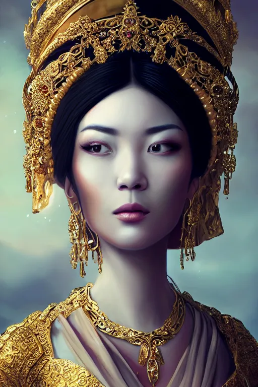 Image similar to a beautiful empress portrait, with a brilliant, impossible striking shiny big gold headpiece, gold clothes, rococo, baroque, jewels, asian, realistic, closeup, D&D, fantasy, intricate, elegant, highly detailed, digital painting, artstation, octane render, 8k, concept art, matte, sharp focus, illustration, art by Artgerm and Greg Rutkowski and Alphonse Mucha