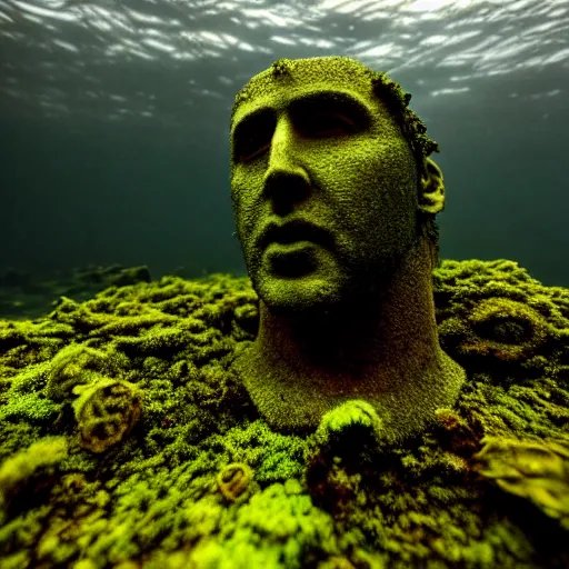 Image similar to Postapocalyptic ruins, Nicolas Cage underwater mossy old statue, ruins, photo, dark, kelp and moss all over, bottom of ocean, far shot, deep ocean, bottom of ocean, dark, 35mm, fish, underwater landscape, 4k, detailed, photorealistic, photo, Atlantis, underwater camera, fish, fish, fish