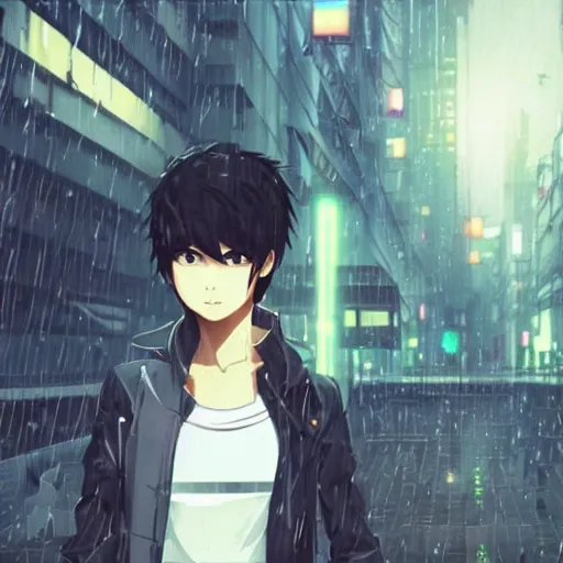 Prompt: android cyborg in urban dystopia makoto shinkai raining