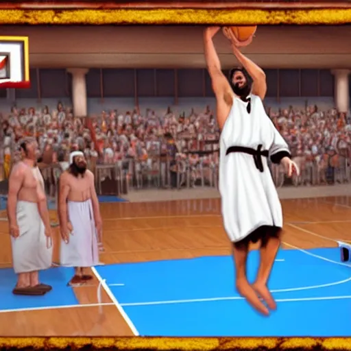 Image similar to Jesus wearing robes dunks a ball in a basketball court, hd