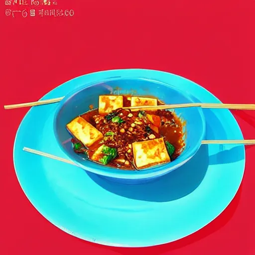 Prompt: mapo tofu, hyperpop aesthetics on the background, minimal, trap color scheme, as an Adventure's Time cartoon!!!, #foodselfie