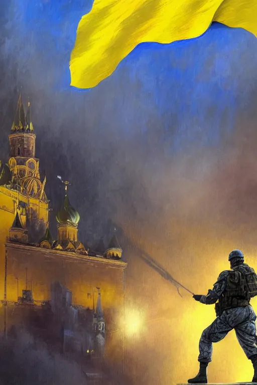 Image similar to special forces soldier installin ukrainian blue and yellow flag on red square kremlin, masculine figure, d & d, fantasy, bright atmosphere, volumetric lights, intricate, elegant, extremely detailed, digital painting, artstation, concept art, matte, smooth, sharp focus, hyper realistic, illustration, art by artgerm and greg rutkowski and alphonse mucha