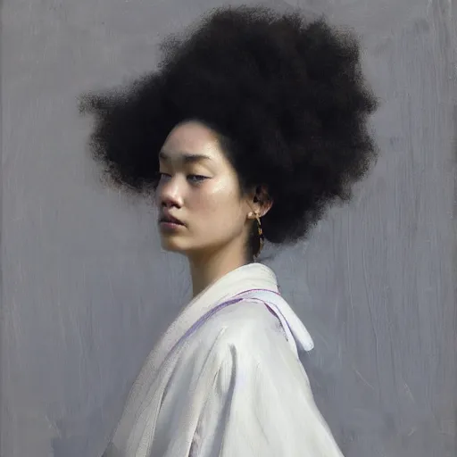 Prompt: girl with afro, in kimono, closeup portrait backview, low angle, jeremy lipking, tim rees, joseph todorovitch