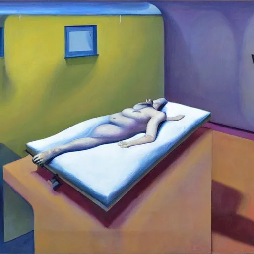 Image similar to people sleeping on slabs, dystopian, pj crook, edward hopper, oil on canvas