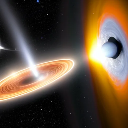 Prompt: Starship in orbit of a black hole, black hole, accretion disk, credit ESA