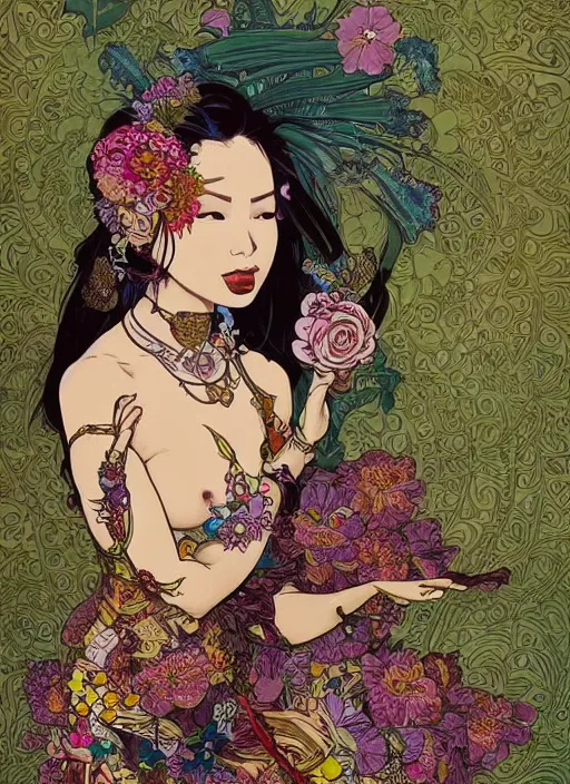 Image similar to !!! very coherent!!! beautiful floralpunk balinese cyborg portrait girl female illustration detailed patterns art of bali traditional dress, flower pop art, floral splash painting, art by geof darrow, ashley wood, alphonse mucha, makoto shinkai, dark shadow