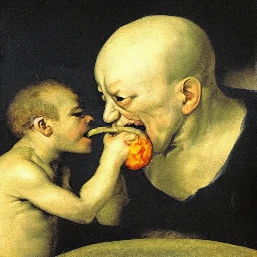 Image similar to saturn devouring his son, painting by francisco goya, peach