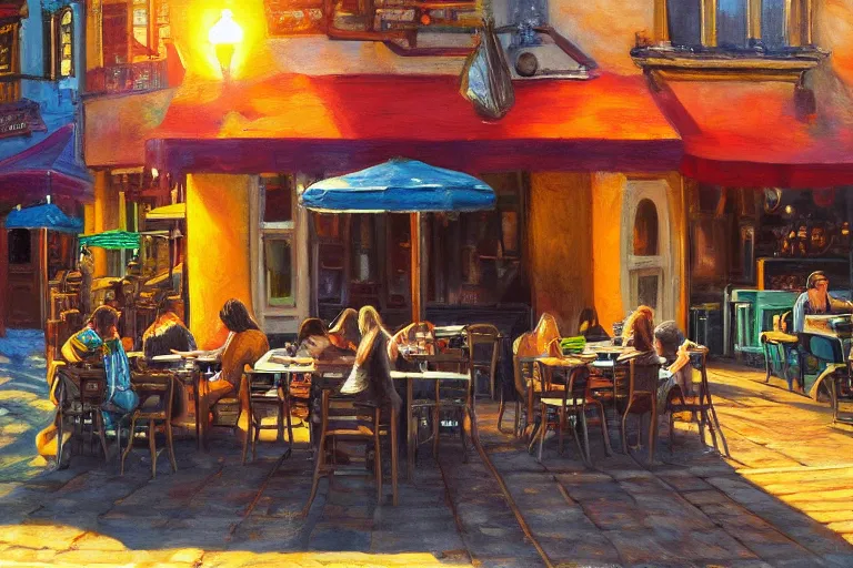 Image similar to beer, cafe, fantasy, painting, ultra realistic!!!, clear weather, golden hour, sharp focus