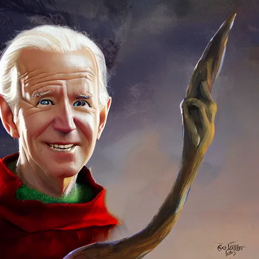 Prompt: elf, joe biden as an elf, with elf features, long ears, painting by greg ruthowski, alphonse murac, craig mullins, collaborative artwork, highly praised, portrait, artstation