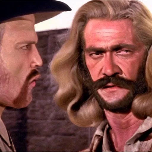 Prompt: a film still of Funny Valentine as a man, with a long blonde hair in The Good, the Bad and the Ugly(1966)