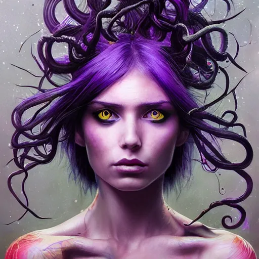 Prompt: detailed art portrait of a furious girl with think, hair-like purple tentacles on her head and bright purple eyes, 8k,by tristan eaton, Stanley Artgermm,Tom Bagshaw,Greg Rutkowski,Carne Griffiths,trending on DeviantArt, face enhance,hyper detailed ,full of colour,