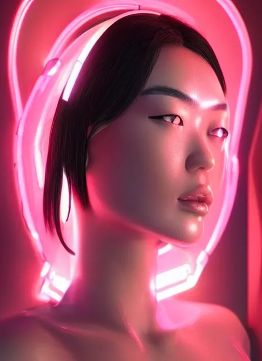 Image similar to a beautiful oriental female humanoid with freckled cheeks, cyber neon lighting, futurism, intricate futuristic jewelry accessories, cyberpunk glossy white latex swimsuit, profile posing, hyper photorealistic, crispy quality, digital photography, trending in artstation, trending in pinterest, cinematic, 4 k ultra hd, art by pascal blanche, art by greg rutkowski,