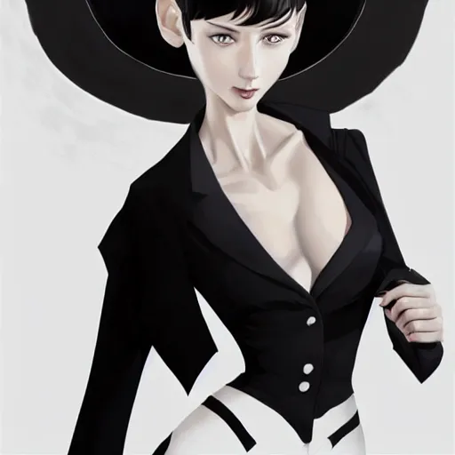 Image similar to slim girl in tuxedo with short black hair, elegant, 2d, ultra highly detailed, digital painting, smooth, sharp focus, artstation, art by Ilya Kuvshinov