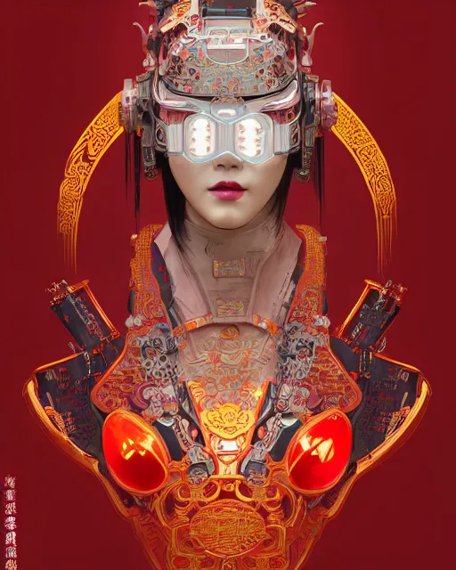 Image similar to portrait of a chinese cyberpunk machine, machine face, robed, upper half portrait, decorated with chinese opera motifs regal royal fierce machine robot cyberpunk fine china, wuxia, traditional chinese art intricate intense elegant highly detailed digital painting artstation concept art smooth sharp focus illustration, art by artgerm and greg rutkowski alphonse mucha 8 k