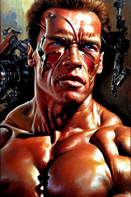 Image similar to muscular arnold schwarzenegger as terminator, exhausted face close up, highly detailed painting by gaston bussiere, craig mullins, j. c. leyendecker 8 k