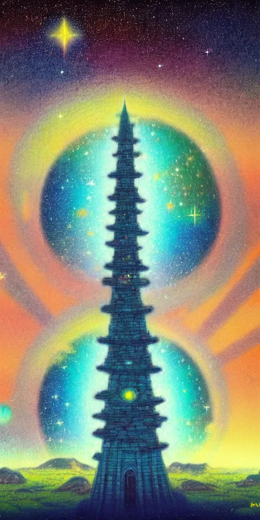 Image similar to a landscape pastel in the style of noriyoshi ohrai of an ancient holy tower, it has iridescent mana radiating from it. it is centered. the background is the starry sky at night. key art. 4 k retrofuturistic fantasy