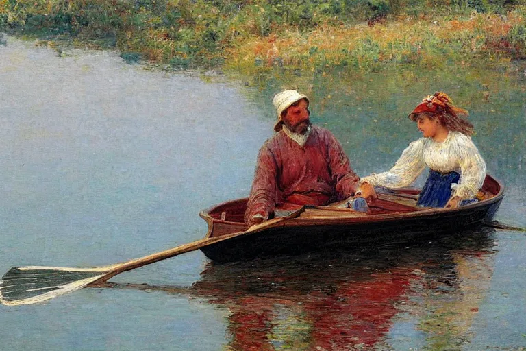 Prompt: new england fisherman, riding in a rowboat with his beautiful victorian daughter, the helping hand by painted by emile renouf,