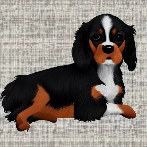 Image similar to digital art, black cavalier king charles sitting with a all brown short haired dashhound