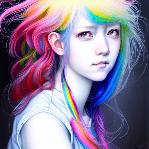 Image similar to a portrait of girl with rainbow hair white shirt, denim shorts, an ultrafine detailed painting by ayami kojima, cgsociety, fantasy, anime digital art, lovecraftian, cosmic horror, detailed painting