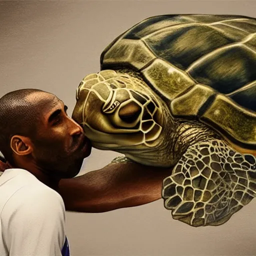 Prompt: kobe bryant kissing with a giant turtle in heaven, hyper realistic, cinematic, side view, digital art, amazing detail, artstatiom, cgsociety, epic art