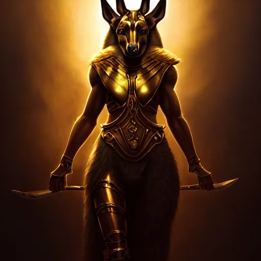 Image similar to Majestic gracious Anubis female warrior portrait, atmospheric lighting, painted, intricate, volumetric lighting, beautiful, rich deep colours masterpiece, golden hour, sharp focus, ultra detailed, by Leesha Hannigan, Ross Tran, Thierry Doizon, Kai Carpenter, Ignacio Fernández Ríos