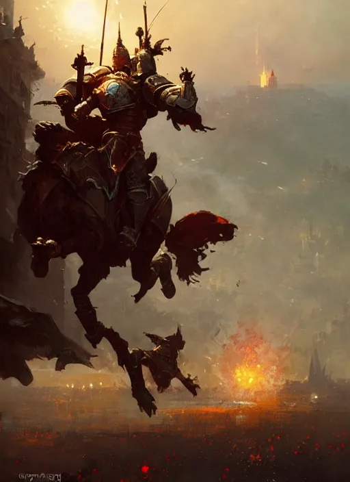 Image similar to 4k knight jumping away from an attack , art by greg rutkowski, art by craig mullins, art by thomas kincade, art by Yoshitaka Amano